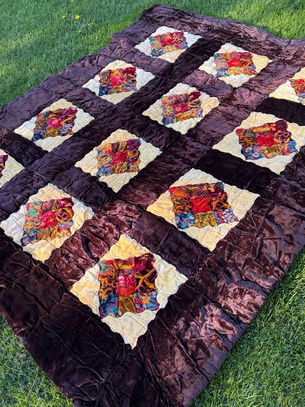 Vintage 70s 1970 patchwork quilted velvet velour quilt comforter blanket boho